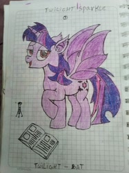 Size: 1532x2048 | Tagged: safe, artist:bencs, imported from derpibooru, twilight sparkle, alicorn, bat pony, bat pony alicorn, pony, bat ponified, bat wings, book, female, graph paper, horn, lidded eyes, looking at you, mare, open mouth, open smile, race swap, smiling, solo, spread wings, test tube, traditional art, twibat, twilight sparkle (alicorn), wings