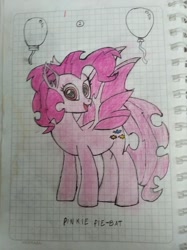 Size: 1532x2048 | Tagged: safe, artist:bencs, imported from derpibooru, pinkie pie, bat pony, pony, balloon, bat ponified, female, graph paper, lidded eyes, looking at you, mare, open mouth, open smile, pinkiebat, race swap, smiling, solo, spread wings, traditional art, wings