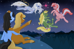 Size: 2998x2000 | Tagged: safe, artist:glefan, imported from derpibooru, galaxy (g1), night glider (g1), star hopper, twilight sparkle, constellation, high res, ico, ico the brave little horse, ico's mother, preciosa, sky, space pony, stars