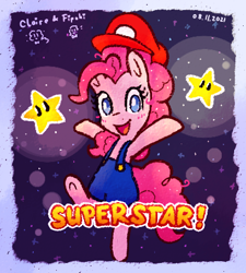 Size: 395x439 | Tagged: safe, artist:fipoki, imported from derpibooru, pinkie pie, earth pony, pony, bipedal, cap, clothes, cosplay, costume, crossover, cute, diapinkes, female, hat, mare, mario, mario hat, mario party, mario party superstars, mario's hat, open mouth, overalls, solo, stars, super mario bros., super star, superstar