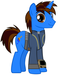 Size: 4490x5790 | Tagged: safe, artist:andoanimalia, artist:ponygamer2020, imported from derpibooru, oc, oc only, pony, unicorn, fallout equestria, absurd resolution, clothes, cutie mark, fallout, happy, horn, jumpsuit, looking at you, male, pipboy, ponysona, simple background, smiling, smiling at you, solo, stallion, transparent background, unicorn oc, vault suit, vector