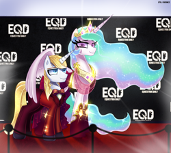 Size: 10834x9700 | Tagged: safe, artist:opal_radiance, imported from derpibooru, prince blueblood, princess celestia, alicorn, pony, unicorn, equestria daily, absurd file size, absurd resolution, christmas, clothes, crown, duo, elegant, equestria daily logo, female, flash, holiday, jewelry, male, mare, modern, paparazzi, photo, regalia, smiling, stallion