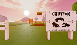 Size: 1558x910 | Tagged: safe, imported from derpibooru, fluttershy, pinkie pie, rarity, fence, mountain, ponyville, roblox, sign, silhouette, sunset, twilight's castle