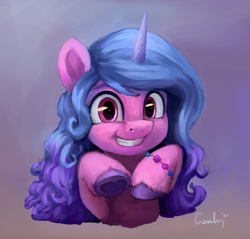 Size: 2588x2470 | Tagged: safe, artist:aemuhn, imported from derpibooru, izzy moonbow, pony, unicorn, bust, cute, female, g5, grin, heart, high res, hoof heart, izzybetes, looking at you, mare, my little pony: a new generation, smiling, smiling at you, solo, underhoof, upside-down hoof heart