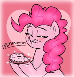 Size: 1490x1548 | Tagged: safe, artist:heretichesh, imported from derpibooru, pinkie pie, earth pony, pony, blushing, cute, diapinkes, donut, eating, eyes closed, female, food, heart, heart background, mare, smiling, solo