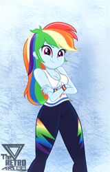 Size: 1350x2109 | Tagged: safe, artist:theretroart88, imported from derpibooru, rainbow dash, equestria girls, '90s, breasts, busty rainbow dash, cleavage, clothes, crossed arms, female, looking at you, pants, sleeveless, smiling, smiling at you, smirk, solo, tanktop, tomboy, watermark, wristband