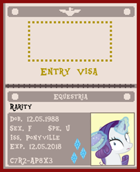 Size: 730x900 | Tagged: safe, artist:phucknuckl, artist:ponygamer2020, imported from derpibooru, rarity, pony, unicorn, the point of no return, and then there's rarity, arstotzka, brush, cutie mark, female, glory to arstotzka, levitation, magic, mare, papers please, passport, photo, solo, telekinesis, vector