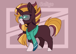 Size: 824x588 | Tagged: safe, artist:x-xponyworldx-x, imported from derpibooru, oc, oc only, oc:caligo, pony, unicorn, base used, clothes, coat markings, glasses, offspring, parent:sunburst, parent:tempest shadow, parents:tempestburst, scarf, socks (coat markings), solo