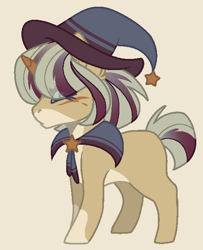 Size: 512x632 | Tagged: safe, artist:x-xponyworldx-x, imported from derpibooru, oc, oc only, oc:stella, pony, unicorn, base used, cape, clothes, coat markings, eye clipping through hair, hat, magical lesbian spawn, offspring, parent:sunset shimmer, parent:trixie, parents:suntrix, simple background, socks (coat markings), solo, wizard hat, yellow background