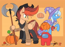 Size: 4096x2987 | Tagged: safe, artist:kaylerustone, imported from derpibooru, trixie, oc, oc:kayle rustone, pegasus, pony, unicorn, among us, axe, bandana, candy, cape, clothes, cowboy hat, cute, female, food, halloween, hat, holiday, lollipop, magic, male, mare, pants, question mark, shirt, stallion, telekinesis, trick or treat, trixie's cape, trixie's hat, weapon