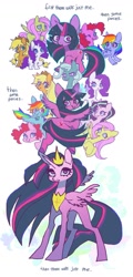 Size: 815x1701 | Tagged: safe, artist:batthsalts, imported from derpibooru, applejack, fluttershy, pinkie pie, rainbow dash, rarity, starlight glimmer, trixie, twilight sparkle, alicorn, earth pony, pegasus, pony, unicorn, the last problem, bittersweet, crown, female, glowing, glowing horn, horn, immortality blues, jewelry, mane six, mare, older, older twilight, open mouth, princess twilight 2.0, regalia, sad, twilight sparkle (alicorn), twilight will outlive her friends, unicorn twilight