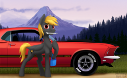 Size: 2224x1360 | Tagged: safe, artist:dash wang, imported from derpibooru, oc, oc only, pegasus, pony, car, eyebrows, eyebrows visible through hair, ford, ford mustang, ford mustang mach 1, forest, looking at you, male, mechanic, mountain, mouth hold, pegasus oc, raised hoof, smiling, smiling at you, solo, stallion, wrench