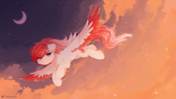 Size: 2809x1580 | Tagged: safe, artist:floweryoutoday, imported from derpibooru, oc, oc only, oc:making amends, pegasus, pony, cheek fluff, chest fluff, cloud, colored wings, commission, crescent moon, flying, moon, pegasus oc, sky, solo, stars, two toned wings, wings, ych result