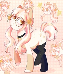 Size: 1755x2048 | Tagged: safe, artist:damon_ekel, imported from derpibooru, oc, oc only, earth pony, pony, clothes, female, glasses, looking back, mare, smiling, socks, solo, thigh highs