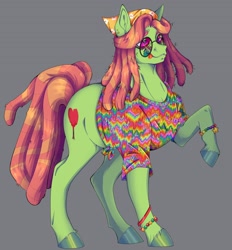 Size: 2600x2800 | Tagged: safe, artist:damon_ekel, imported from derpibooru, tree hugger, earth pony, pony, bandana, bracelet, clothes, female, gray background, high res, hoers, jewelry, lidded eyes, mare, raised hoof, shirt, simple background, solo, sunglasses, tie dye, tongue out