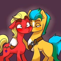 Size: 1080x1080 | Tagged: dead source, safe, artist:mia_makes_magic, imported from derpibooru, hitch trailblazer, sprout cloverleaf, earth pony, pony, arm around back, blushing, cheek kiss, g5, gay, hitchsprout, kissing, male, maledom, malesub, my little pony: a new generation, sash, shipping, stallion, stallion on stallion, submissive