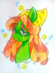 Size: 2448x3264 | Tagged: safe, artist:damon_ekel, imported from derpibooru, tree hugger, earth pony, pony, bandana, crying, female, frown, high res, lidded eyes, looking at you, mare, sad, simple background, solo, traditional art, white background