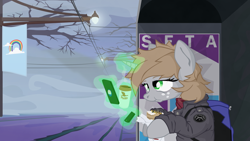 Size: 4000x2250 | Tagged: safe, artist:aaronmk, imported from derpibooru, oc, oc:littlepip, fallout equestria, alternate universe of an alternate universe, backpack, cable car, cellphone, clothes, cloudsdale flag, coffee, cup, eating, female, fog, food, freckles, hoagie, levitation, magic, magic glow, mare, morning, phone, sandwich, scarf, smartphone, streetlight, telekinesis, tired, tree, vape pen, vector