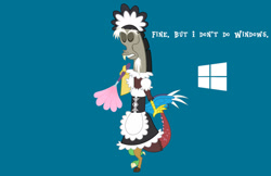 Size: 1024x663 | Tagged: safe, imported from derpibooru, discord, draconequus, princess twilight sparkle (episode), bad joke, blue background, clothes, computer, computer program, duster, eyes closed, maid, maid discord, male, microsoft windows, pun, simple background, windows 10