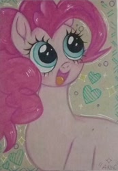 Size: 540x782 | Tagged: safe, artist:damon_ekel, imported from derpibooru, pinkie pie, earth pony, pony, female, heart, mare, open mouth, open smile, smiling, solo, sparkles, traditional art