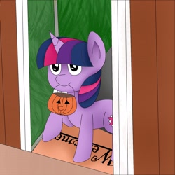 Size: 1600x1600 | Tagged: artist needed, safe, imported from derpibooru, twilight sparkle, pony, unicorn, cute, female, halloween, holiday, mouth hold, pumpkin bucket, solo, trick or treat