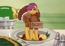 Size: 3508x2480 | Tagged: safe, artist:elberas, imported from derpibooru, scootaloo, pegasus, pony, cute, cutealoo, female, high res, holiday, plate, platter, scootachicken, scootaloo is not amused, scootaturkey, sign, solo, table, thanksgiving, turkey costume, unamused