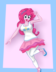 Size: 2975x3812 | Tagged: safe, artist:lennondash, imported from derpibooru, pinkie pie, equestria girls, breasts, busty pinkie pie, cleavage, clothes, cute, cutie mark, cutie mark on clothes, diapinkes, female, hairband, looking at you, open mouth, shoes, simple background, skirt, smiling, solo, tanktop