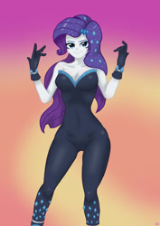 Size: 1280x1812 | Tagged: safe, artist:lennondash, imported from derpibooru, rarity, equestria girls, equestria girls series, the other side, bare shoulders, breasts, busty rarity, cleavage, clothes, female, gloves, hairpin, lidded eyes, looking at you, sexy, simple background, sleeveless, smiling, solo, strapless, stupid sexy rarity, unitard