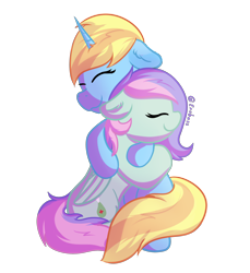 Size: 2000x2184 | Tagged: safe, artist:exobass, imported from derpibooru, oc, oc only, oc:blissy, oc:skydreams, pony, unicorn, commission, disguise, disguised changeling, female, high res, hug, mare, simple background, transparent background, ych result