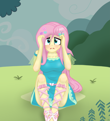 Size: 2975x3268 | Tagged: safe, artist:lennondash, imported from derpibooru, fluttershy, human, equestria girls, filli vanilli, blushing, breasts, busty fluttershy, butterfly hairpin, clothes, cloud, cute, dress, embarrassed, equestria girls interpretation, female, flower, flower in hair, grass, hairpin, hands on head, legs, looking at you, sad, sadorable, scene interpretation, shyabetes, sitting, solo