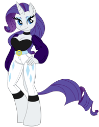 Size: 2048x2644 | Tagged: safe, artist:fotia-kouneli, imported from derpibooru, rarity, anthro, unguligrade anthro, unicorn, belt, belt buckle, breasts, choker, cleavage, clothes, female, hand on hip, high res, pants, simple background, solo, transparent background