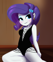 Size: 3300x3840 | Tagged: safe, artist:tjpones, imported from derpibooru, rarity, equestria girls, absolute cleavage, bedroom eyes, blushing, breasts, busty rarity, cleavage, clothes, ear piercing, earring, female, high res, jewelry, looking at you, one-piece swimsuit, piercing, smiling, solo, swimsuit