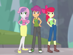 Size: 1920x1440 | Tagged: safe, artist:neongothic, imported from derpibooru, apple bloom, scootaloo, sweetie belle, equestria girls, clothes, converse, cutie mark crusaders, female, jeans, nike, older, older apple bloom, older cmc, older scootaloo, older sweetie belle, pants, ripped jeans, ripped pants, shoes, skirt, sleeveless, smiling, sneakers, tanktop, torn clothes