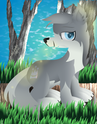 Size: 1463x1854 | Tagged: safe, artist:lincolnbrewsterfan, derpibooru exclusive, imported from derpibooru, oc, oc only, oc:flow, earth pony, hybrid, pony, wolf, wolf pony, .svg available, bark, chest fluff, claws, colored eyebrows, colored pupils, crown, cute, cutie mark, ear fluff, eyebrows, forest, forest background, fur, gift art, grass, grass field, jewelry, lens flare, lineless, looking at you, male, nc-tv signature, neck fluff, pale belly, paws, regalia, signature, sitting, smiling, smiling at you, solo, sunlight, sunshine, svg, tail, tail fluff, tree, two toned coat, vector