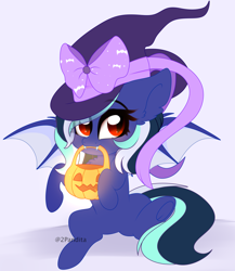 Size: 3108x3580 | Tagged: safe, alternate version, artist:2pandita, imported from derpibooru, oc, oc only, oc:ivory mint, bat pony, pony, alternate character, bat pony oc, chibi, female, hat, high res, mare, pumpkin bucket, simple background, solo, witch hat