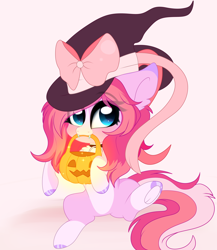 Size: 3108x3580 | Tagged: safe, alternate version, artist:2pandita, imported from derpibooru, oc, oc only, earth pony, pony, alternate character, chibi, female, hat, high res, mare, pink background, pumpkin bucket, simple background, solo, witch hat