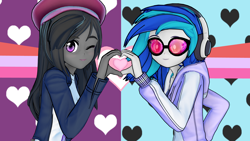 Size: 1920x1080 | Tagged: safe, artist:ratachu666, imported from derpibooru, dj pon-3, octavia melody, vinyl scratch, equestria girls, 3d, clothes, duo, duo female, female, hat, headphones, heart hands, hoodie, koikatsu, looking at you, one eye closed, smiling, smiling at you, sunglasses, wink, winking at you