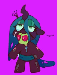 Size: 932x1225 | Tagged: safe, artist:opossum-stuff, imported from derpibooru, alien, clothes, costume, disguise, emanata, implied queen chrysalis, invader zim, male, needs more saturation, purple background, simple background, solo, zim