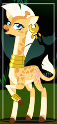 Size: 1633x3553 | Tagged: safe, artist:interstellar-quartz, imported from derpibooru, zecora, giraffe, alternate design, alternate universe, female, giraffied, open mouth, open smile, raised hoof, smiling, solo, species swap