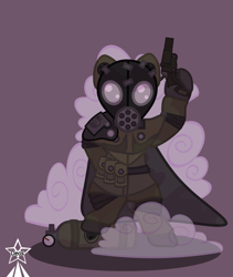 Size: 4245x5021 | Tagged: safe, artist:devorierdeos, imported from derpibooru, oc, oc only, earth pony, pony, fallout equestria, earth pony oc, gas attack, gas cylinder, gas mask, mask, pink cloud, pink cloud (fo:e), ppe, raincoat, scribe, scribe robe, signal pistol, simple background, steel ranger, war crime
