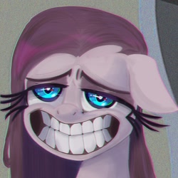 Size: 1080x1080 | Tagged: safe, artist:charchaposting, imported from derpibooru, pinkie pie, earth pony, pony, yakity-sax, courage the cowardly dog, creepy, creepy smile, female, floppy ears, freaky fred, grin, lidded eyes, mare, nightmare fuel, pinkamena diane pie, scene interpretation, smiling, solo