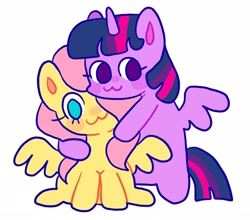 Size: 2048x1802 | Tagged: safe, artist:alexbeeza, imported from derpibooru, fluttershy, twilight sparkle, alicorn, pegasus, pony, :3, duo, female, hair over one eye, hug, lesbian, mare, shipping, simple background, sitting, twilight sparkle (alicorn), twishy, white background