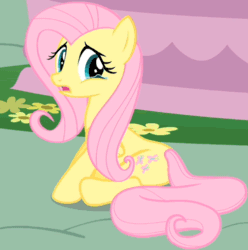 Size: 512x517 | Tagged: safe, imported from derpibooru, screencap, fluttershy, pegasus, pony, a bird in the hoof, animated, cropped, crying, female, frown, gif, looking back, mare, open mouth, sad, sitting, solo, teary eyes
