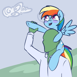 Size: 2000x2000 | Tagged: safe, artist:plaguemare, imported from derpibooru, rainbow dash, oc, oc:anon, human, pegasus, pony, blushing, clothes, cloud, female, happy, high res, male, mare, piggyback ride, shirt, wings