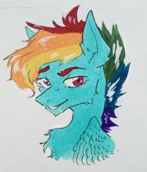 Size: 2322x2713 | Tagged: safe, artist:rover, artist:rrrover, imported from derpibooru, rainbow dash, pegasus, pony, alternate hairstyle, bust, female, high res, portrait, short hair, sketch, smiling, solo, traditional art
