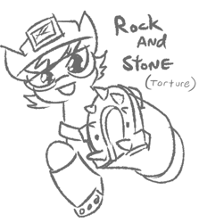 Size: 377x422 | Tagged: safe, artist:jargon scott, imported from derpibooru, oc, oc only, earth pony, pony, deep rock galactic, goggles, grayscale, helmet, horseshoes, implied cbt, miner, mining helmet, monochrome, safety goggles, simple background, smiling, solo, spikes, underhoof, white background