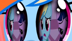 Size: 1920x1080 | Tagged: safe, editor:rarity vrymer collective, imported from derpibooru, screencap, rainbow dash, twilight sparkle, pony, magical mystery cure, suited for success, a true true friend, carousel boutique, eye reflection, female, half-closed eyes, mid-blink screencap, multicolored hair, multicolored mane, reflection, solo