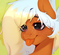 Size: 1737x1611 | Tagged: safe, artist:azaani, imported from derpibooru, oc, oc only, pegasus, pony, bust, female, freckles, mare, portrait, red eyes, simple background, smiling, solo, tongue out