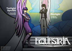Size: 4461x3154 | Tagged: safe, artist:deroach, imported from derpibooru, twilight sparkle, oc, oc:daylight, human, clothes, cutie mark, cutie mark on clothes, duo, equestria project humanized, humanized, school of friendship, stained glass, stairs, winged humanization, wings