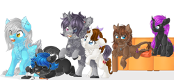 Size: 6905x3174 | Tagged: safe, artist:schokocream, imported from derpibooru, oc, oc only, earth pony, pegasus, pony, unicorn, chest fluff, couch, horn, leonine tail, pegasus oc, rearing, simple background, sitting, tail, unicorn oc, white background